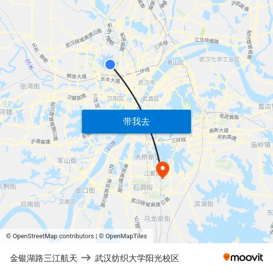 金银湖路三江航天 to 武汉纺织大学阳光校区 map