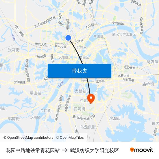 花园中路地铁常青花园站 to 武汉纺织大学阳光校区 map