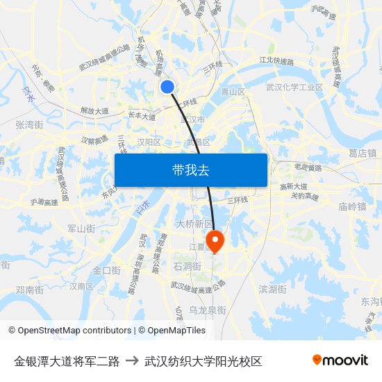 金银潭大道将军二路 to 武汉纺织大学阳光校区 map