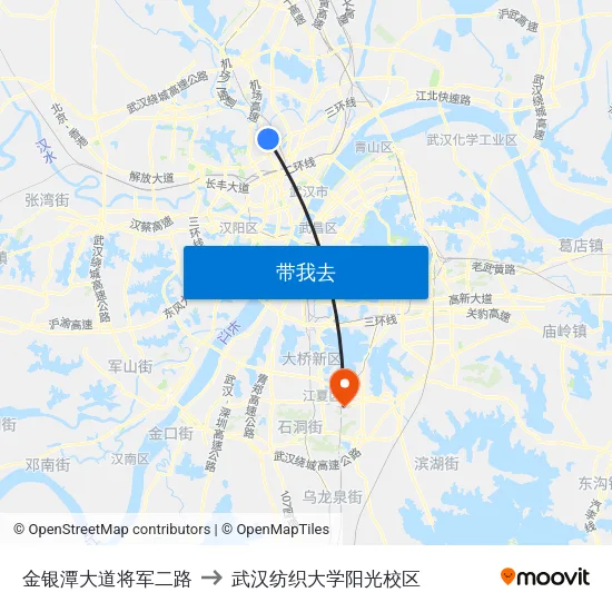 金银潭大道将军二路 to 武汉纺织大学阳光校区 map