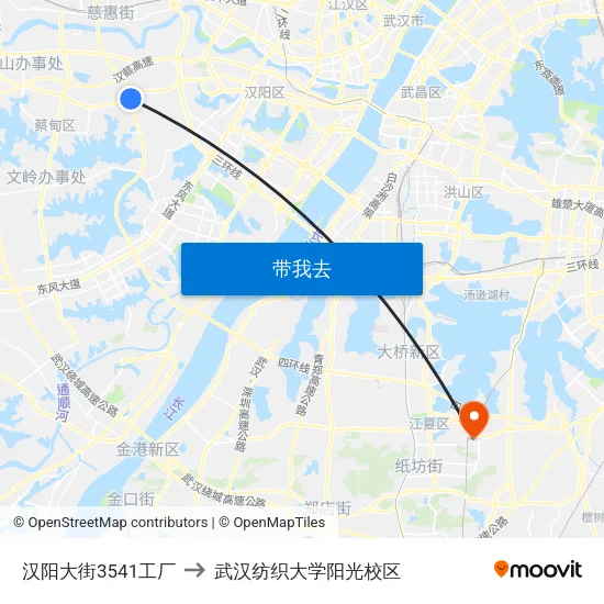 汉阳大街3541工厂 to 武汉纺织大学阳光校区 map