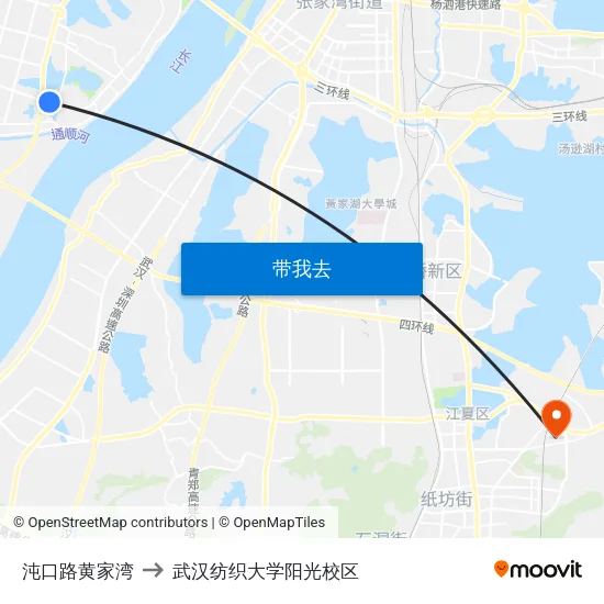 沌口路黄家湾 to 武汉纺织大学阳光校区 map