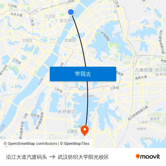 沿江大道汽渡码头 to 武汉纺织大学阳光校区 map