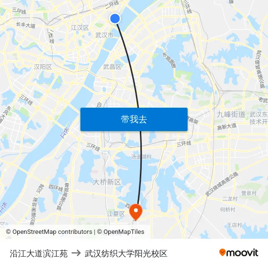沿江大道滨江苑 to 武汉纺织大学阳光校区 map