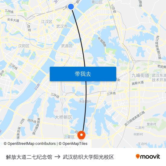 解放大道二七纪念馆 to 武汉纺织大学阳光校区 map