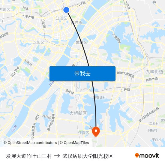 发展大道竹叶山三村 to 武汉纺织大学阳光校区 map
