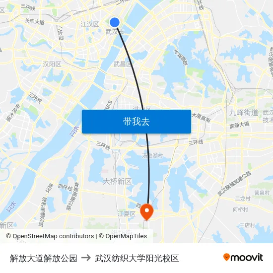 解放大道解放公园 to 武汉纺织大学阳光校区 map