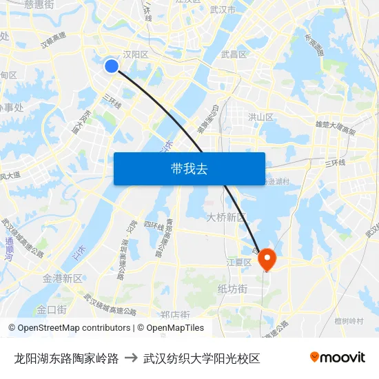 龙阳湖东路陶家岭路 to 武汉纺织大学阳光校区 map