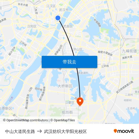 中山大道民生路 to 武汉纺织大学阳光校区 map