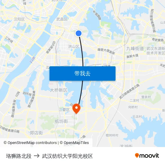 珞狮路北段 to 武汉纺织大学阳光校区 map
