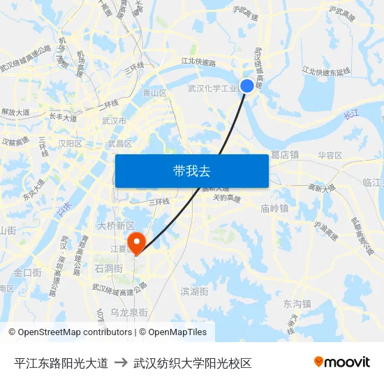 平江东路阳光大道 to 武汉纺织大学阳光校区 map