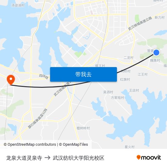 龙泉大道灵泉寺 to 武汉纺织大学阳光校区 map