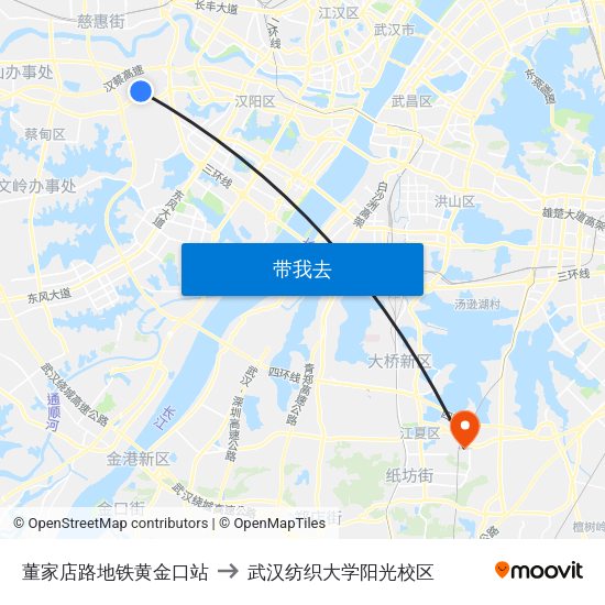 董家店路地铁黄金口站 to 武汉纺织大学阳光校区 map