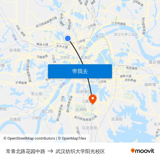 常青北路花园中路 to 武汉纺织大学阳光校区 map