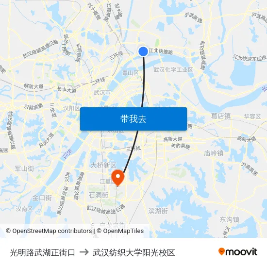 光明路武湖正街口 to 武汉纺织大学阳光校区 map
