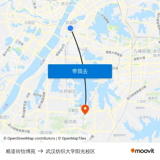 粮道街怡博苑 to 武汉纺织大学阳光校区 map