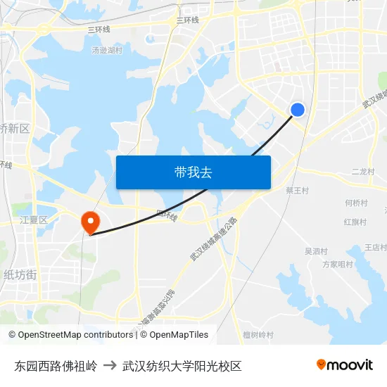 东园西路佛祖岭 to 武汉纺织大学阳光校区 map