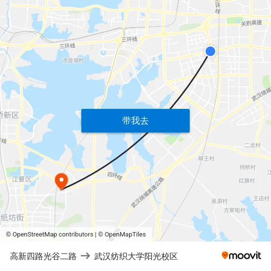 高新四路光谷二路 to 武汉纺织大学阳光校区 map