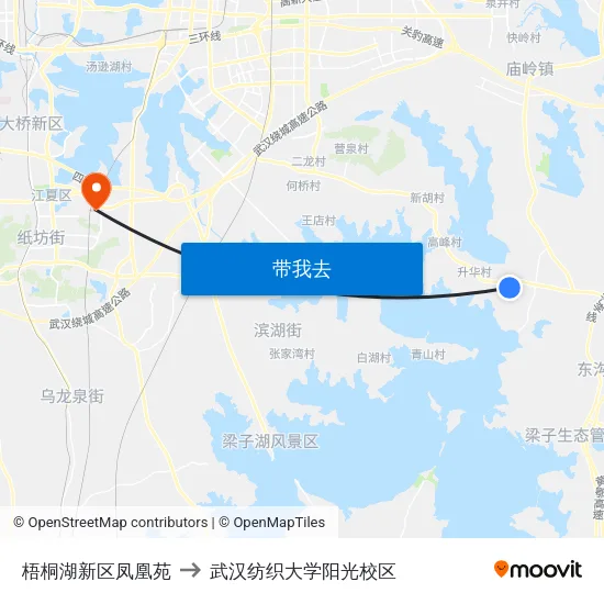 梧桐湖新区凤凰苑 to 武汉纺织大学阳光校区 map