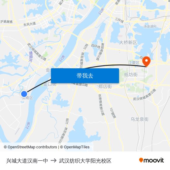 兴城大道汉南一中 to 武汉纺织大学阳光校区 map