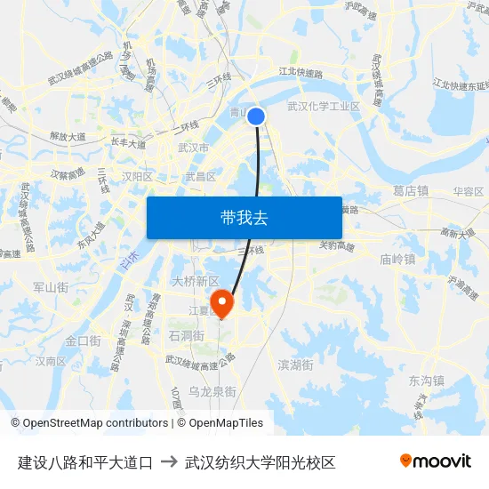 建设八路和平大道口 to 武汉纺织大学阳光校区 map