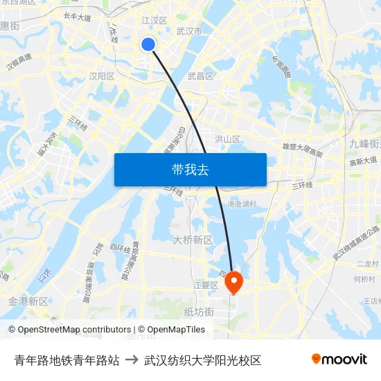 青年路地铁青年路站 to 武汉纺织大学阳光校区 map