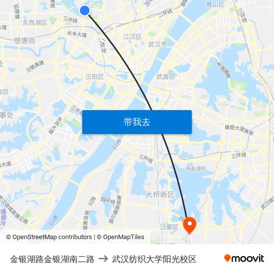 金银湖路金银湖南二路 to 武汉纺织大学阳光校区 map