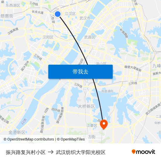 振兴路复兴村小区 to 武汉纺织大学阳光校区 map