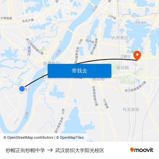 纱帽正街纱帽中学 to 武汉纺织大学阳光校区 map