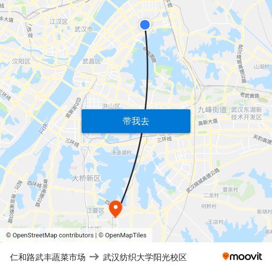 仁和路武丰蔬菜市场 to 武汉纺织大学阳光校区 map