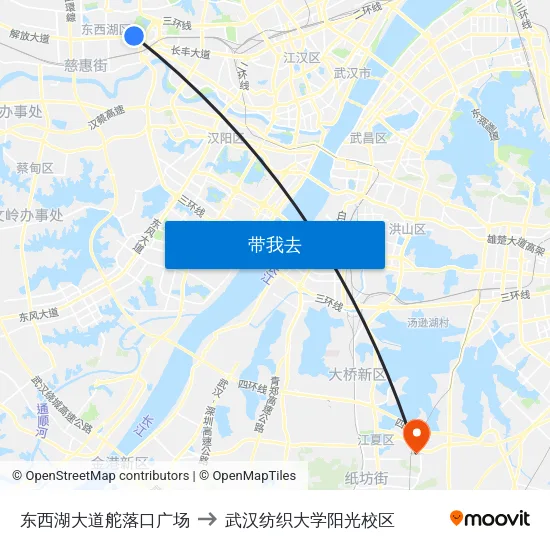 东西湖大道舵落口广场 to 武汉纺织大学阳光校区 map
