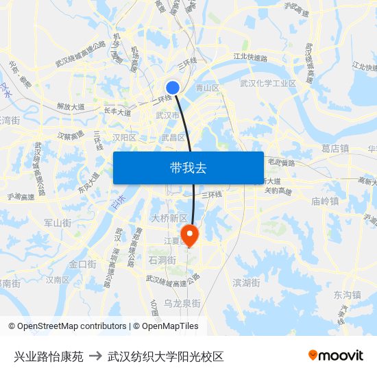 兴业路怡康苑 to 武汉纺织大学阳光校区 map