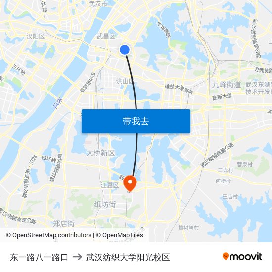 东一路八一路口 to 武汉纺织大学阳光校区 map