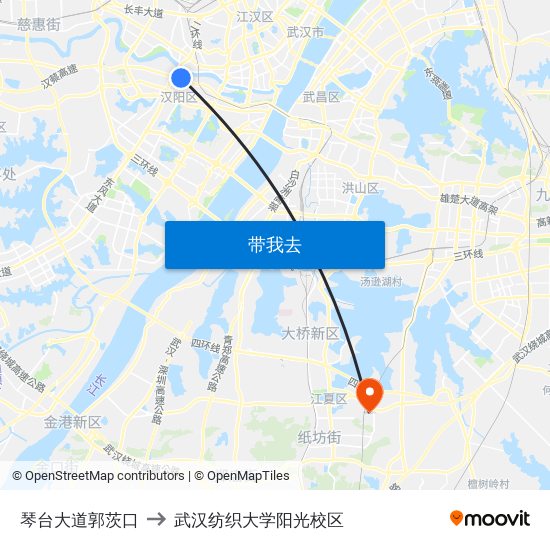 琴台大道郭茨口 to 武汉纺织大学阳光校区 map