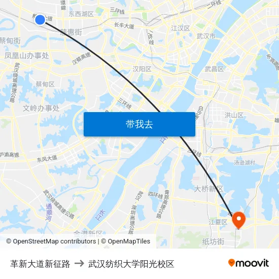 革新大道新征路 to 武汉纺织大学阳光校区 map