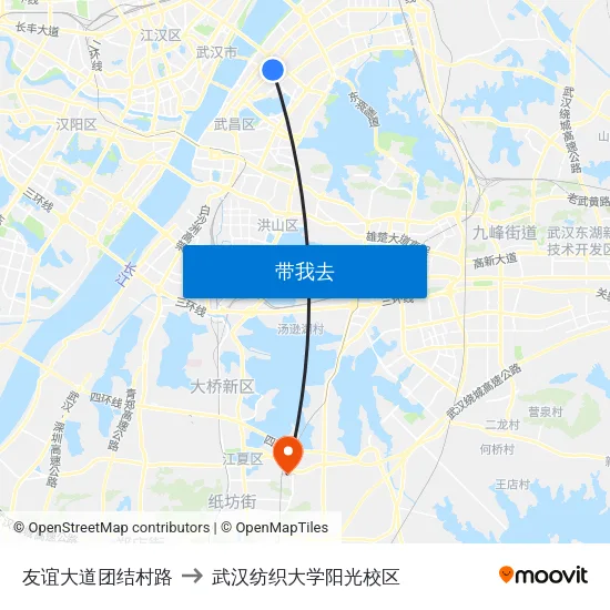 友谊大道团结村路 to 武汉纺织大学阳光校区 map