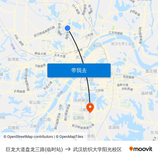 巨龙大道盘龙三路(临时站) to 武汉纺织大学阳光校区 map