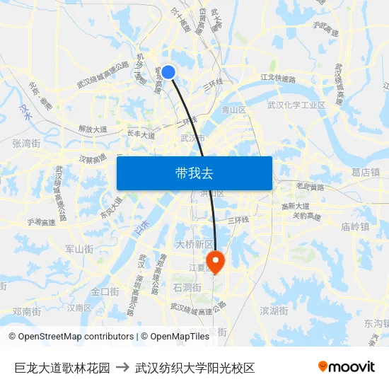 巨龙大道歌林花园 to 武汉纺织大学阳光校区 map