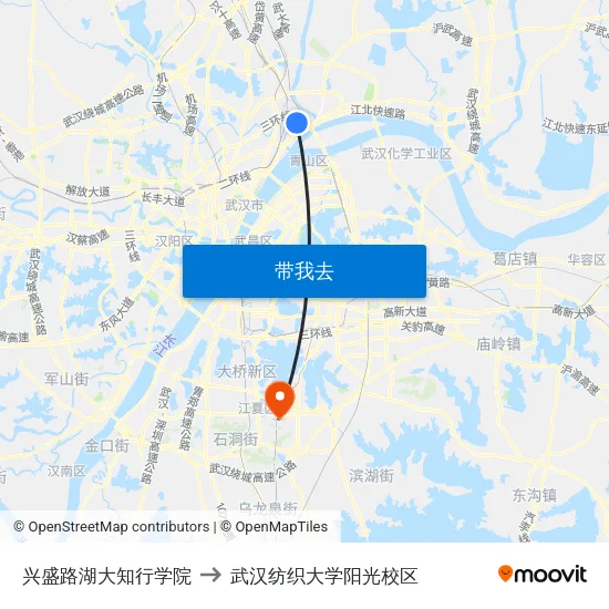 兴盛路湖大知行学院 to 武汉纺织大学阳光校区 map