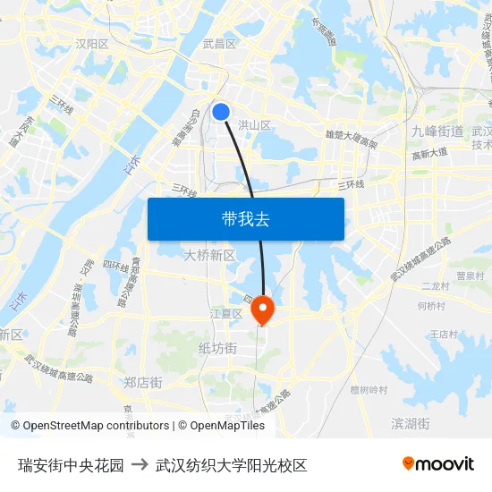 瑞安街中央花园 to 武汉纺织大学阳光校区 map
