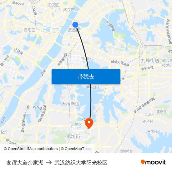 友谊大道余家湖 to 武汉纺织大学阳光校区 map