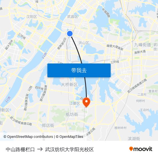 中山路栅栏口 to 武汉纺织大学阳光校区 map