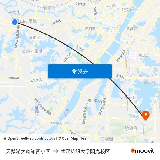 天鹅湖大道知音小区 to 武汉纺织大学阳光校区 map