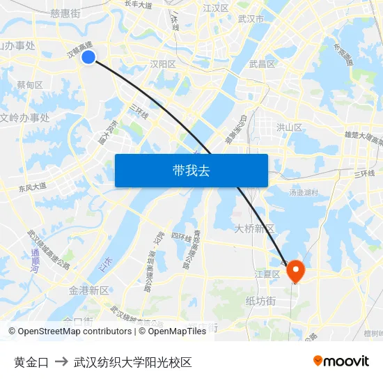 黄金口 to 武汉纺织大学阳光校区 map