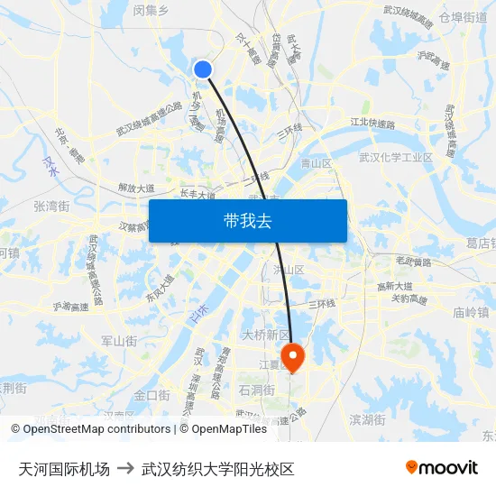 天河国际机场 to 武汉纺织大学阳光校区 map