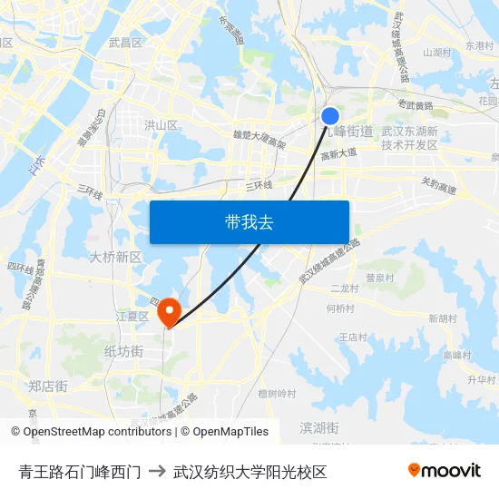 青王路石门峰西门 to 武汉纺织大学阳光校区 map