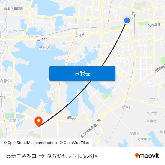 高新二路湖口 to 武汉纺织大学阳光校区 map
