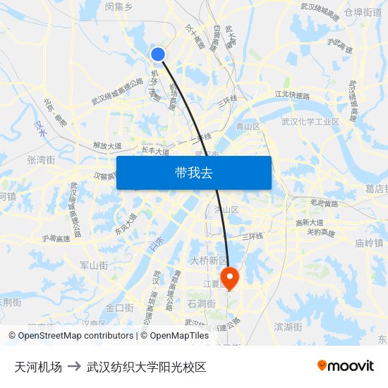 天河机场 to 武汉纺织大学阳光校区 map