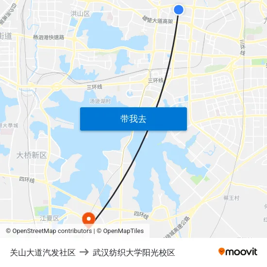 关山大道汽发社区 to 武汉纺织大学阳光校区 map