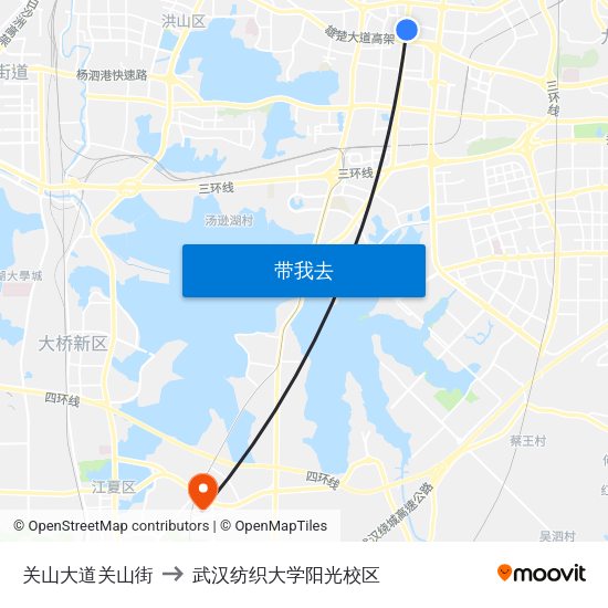 关山大道关山街 to 武汉纺织大学阳光校区 map